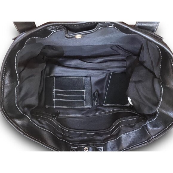 Black Leather Adjustable Shoulder Strap Tote Bag Purse by Leed’s For Hallmark - Picture 3 of 4
